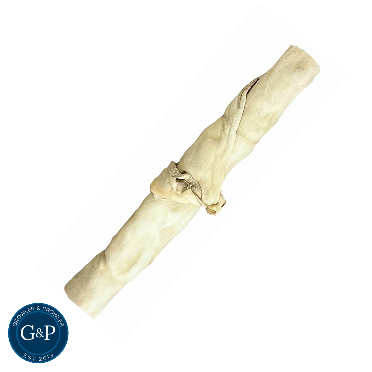 Natural lamb skin roll dog treat by Growler & Prowler, a Manchester-based company. The rolled lamb skin is a light beige colour, providing a long-lasting and nutritious chew for dogs.