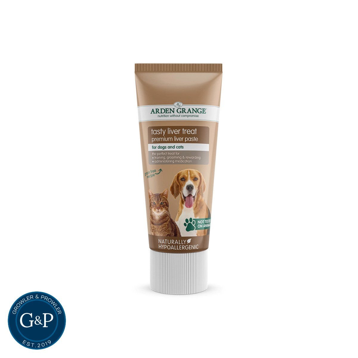 A green tube of Arden Grange Tasty Liver Treat premium liver paste for dogs and cats. The paste is made with natural ingredients, is hypoallergenic, and is perfect for training, grooming, and rewarding pets. The tube shows a dog and cat on the front