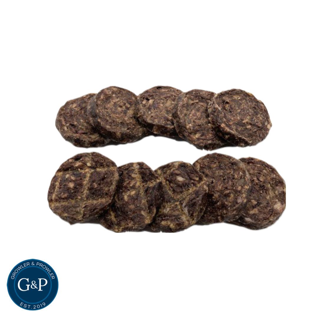 Two packs of Mini Beef Burgers by Growler and Prowler, a Manchester-based natural dog treats company. 