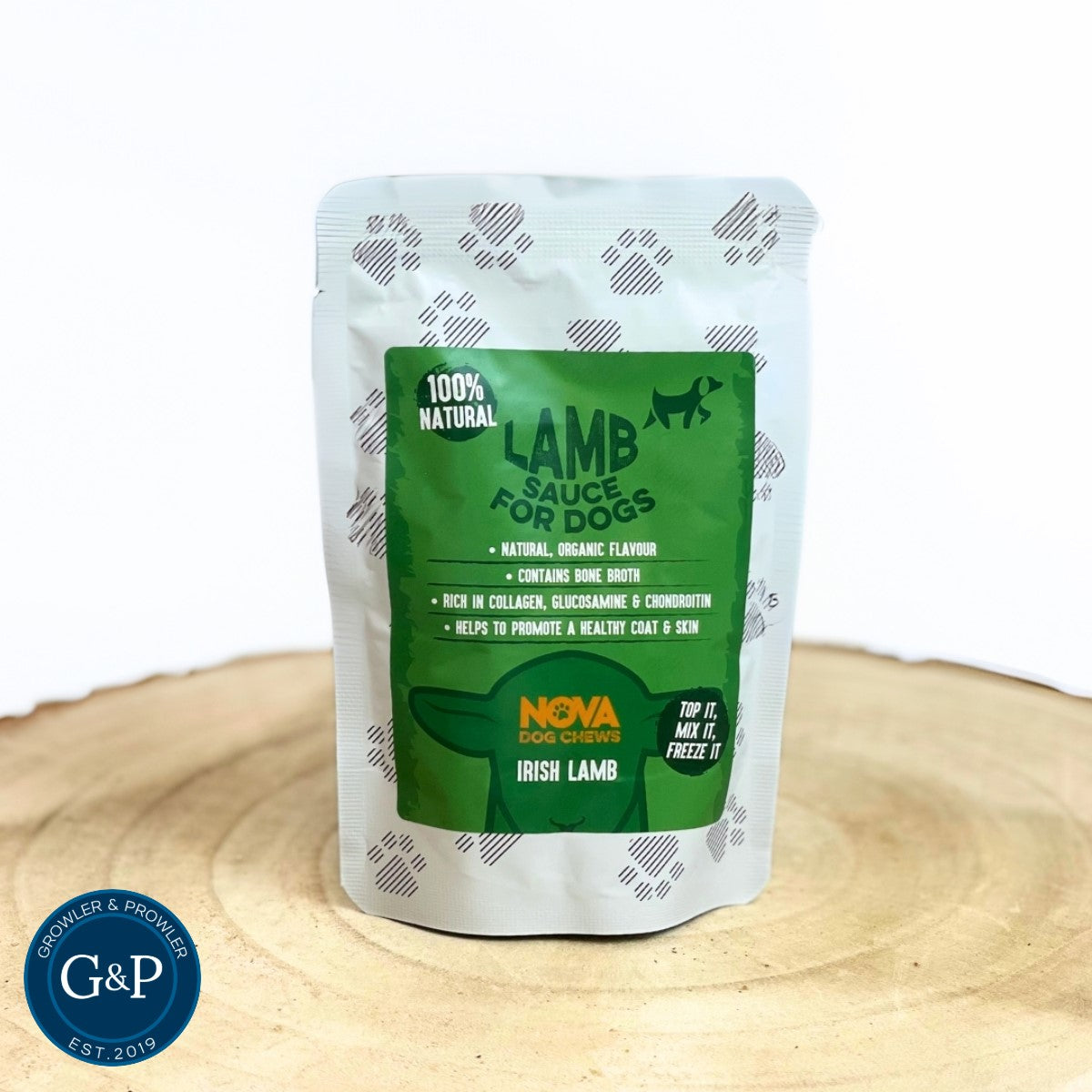 Nova Lamb Sauce: A natural and organic dog treat made with Irish lamb. Contains bone broth, collagen, glucosamine, and chondroitin to support healthy skin and coat. Can be used as a topper, mixed with food, or frozen.