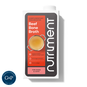 Nutriment Bone Broth for dogs. A complementary feed booster in delicious beef flavour that can can be used as an everyday meal, served warm or cool, or even as a frozen treat. A natural bone broth in beef flavour for dogs. Available in Manchester at Growler and Prowler Pets