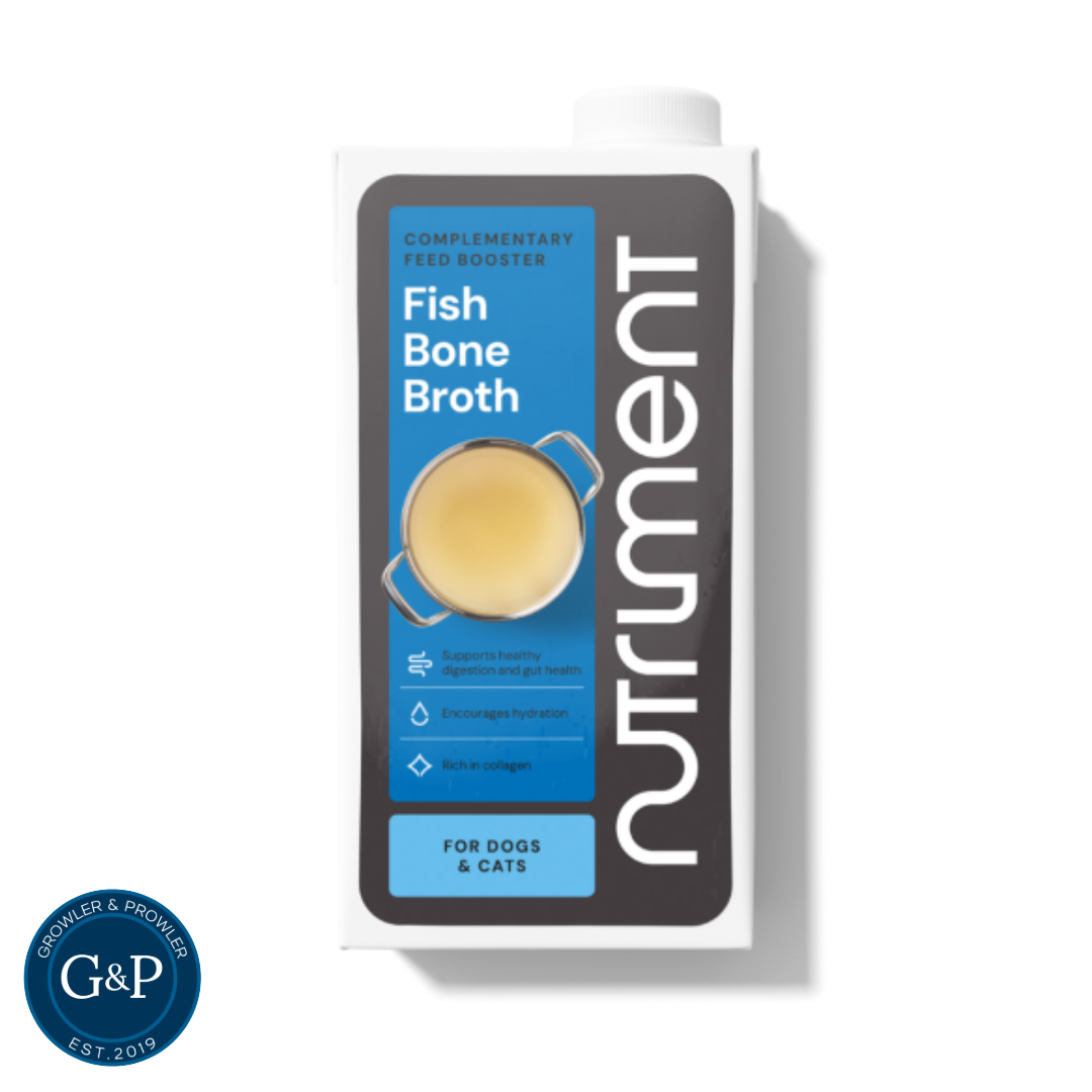 Nutriment Fish Broth for dogs. Broth in fish flavour that can be sued on a daily basis over a a dogs meal, served warm or cold, or used to make frozen treats on a hot day. A natural fish bone broth available in Manchester at Growler and Prowler Pets.
