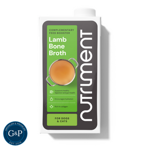 Nutriment lamb bone broth for dogs. An excellent supplement for dogs that is 100% natural that can be served over a meal hot or cold, and as a frozen treat. Available in Manchester at Growler and Prowler Pets.