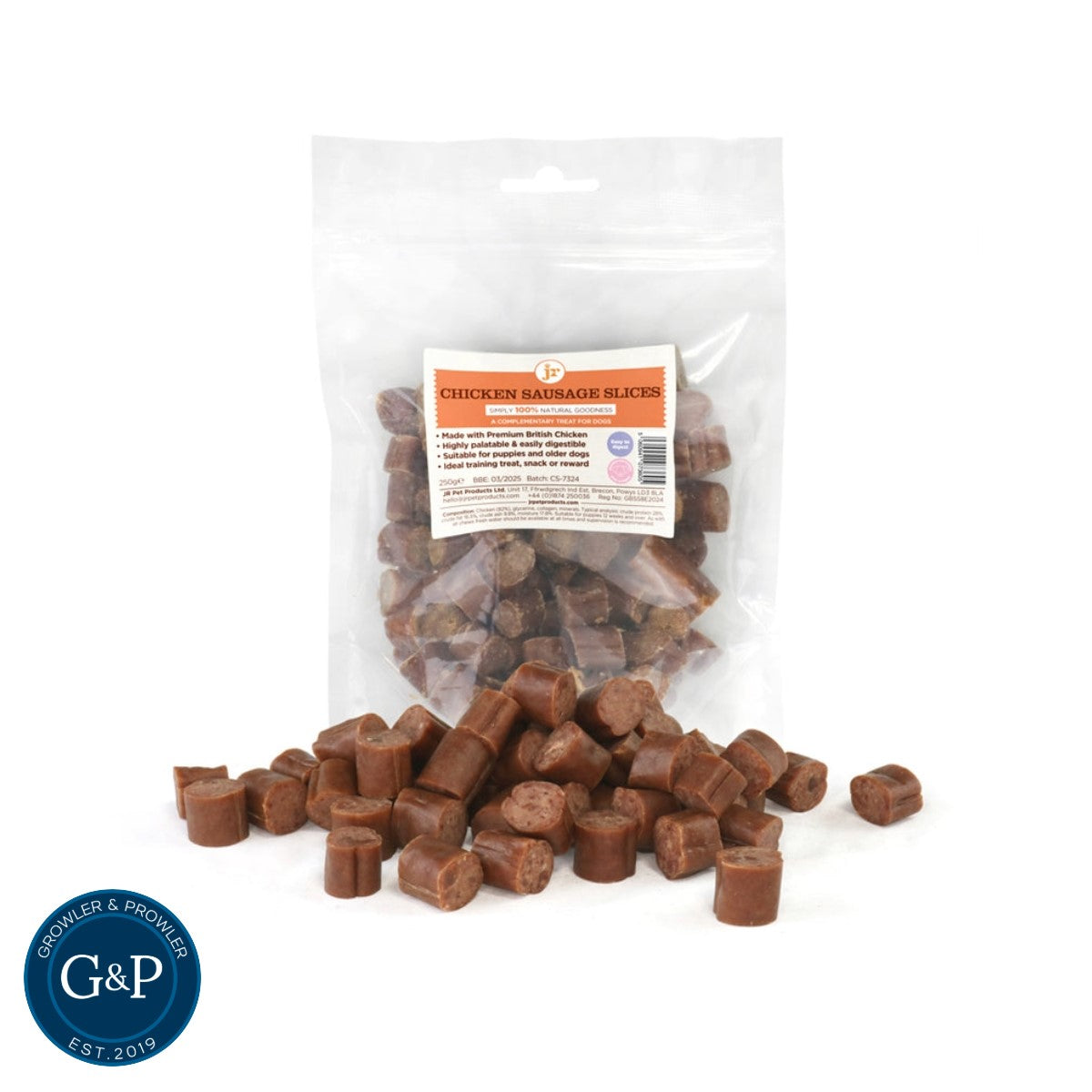 Premium sliced chicken sausage dog treat, ideal for dog treats, walks and training. Available in Manchester at growler and prowler pets.