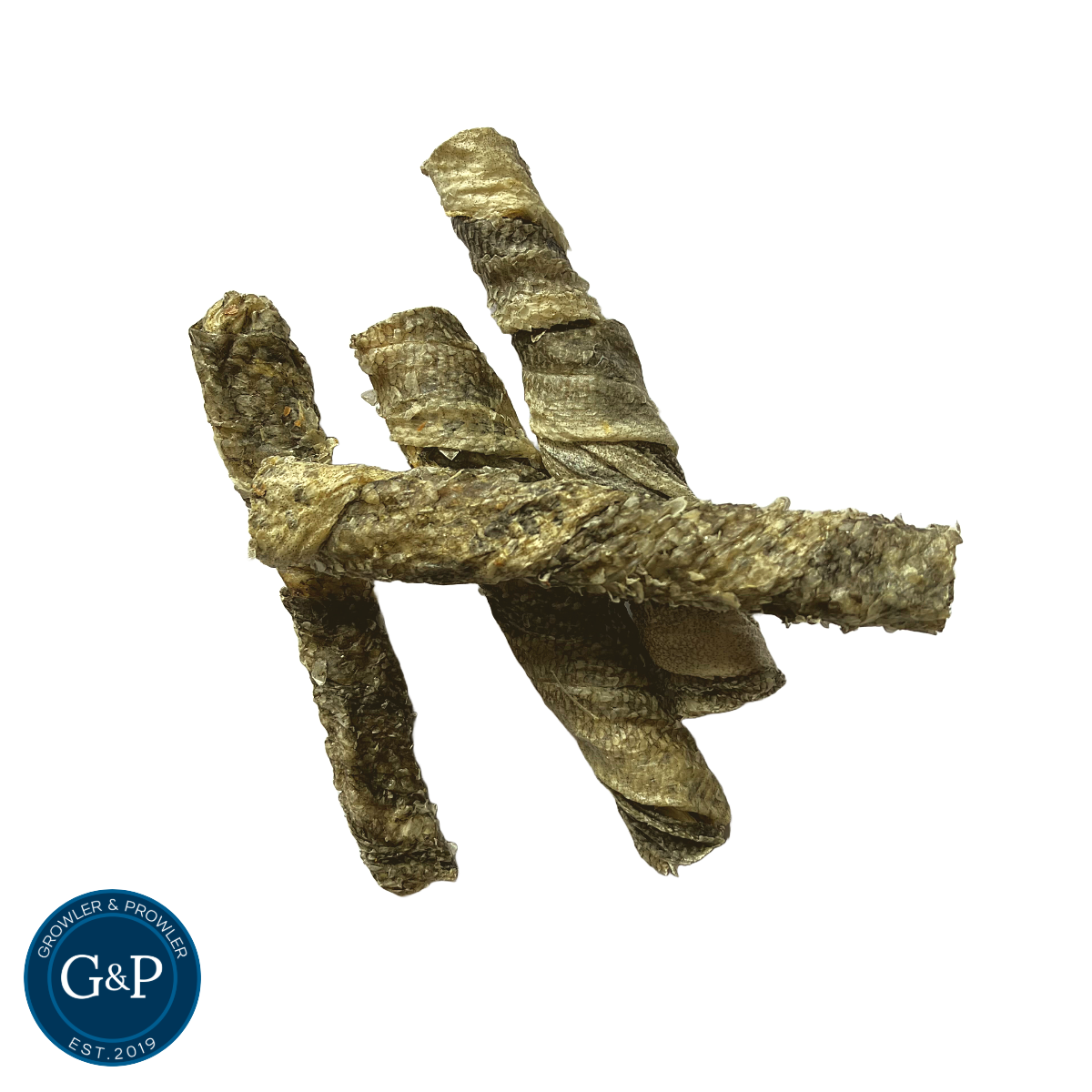 Growler & Prowler Salmon Skin Rolls: Air-dried salmon skin treats rolled into a spiral shape.