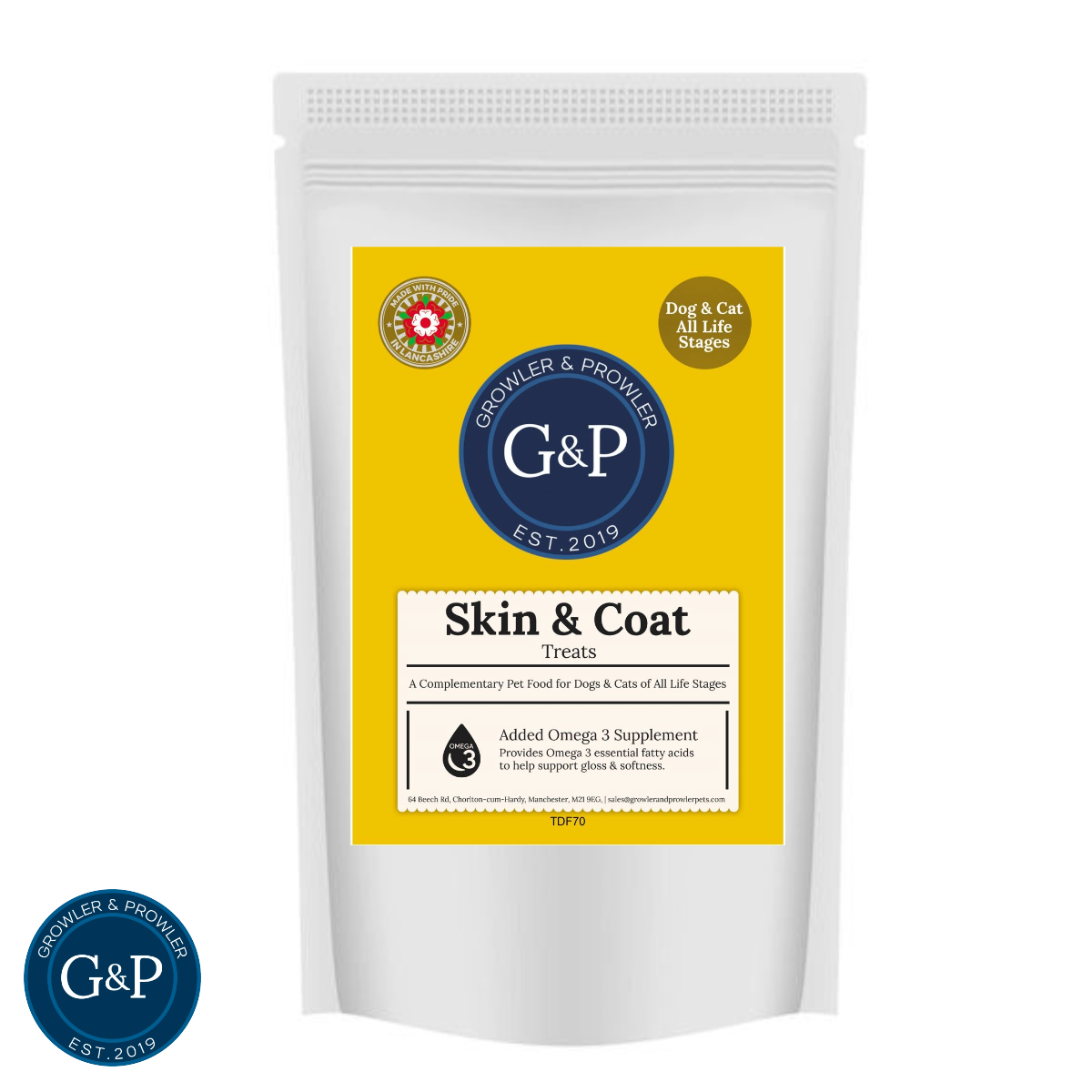 Growler & Prowler Skin & Coat Functional Treats, a natural dog treat from Manchester, UK. These treats are designed to support healthy skin and coat for dogs of all ages, with added Omega 3 supplements.