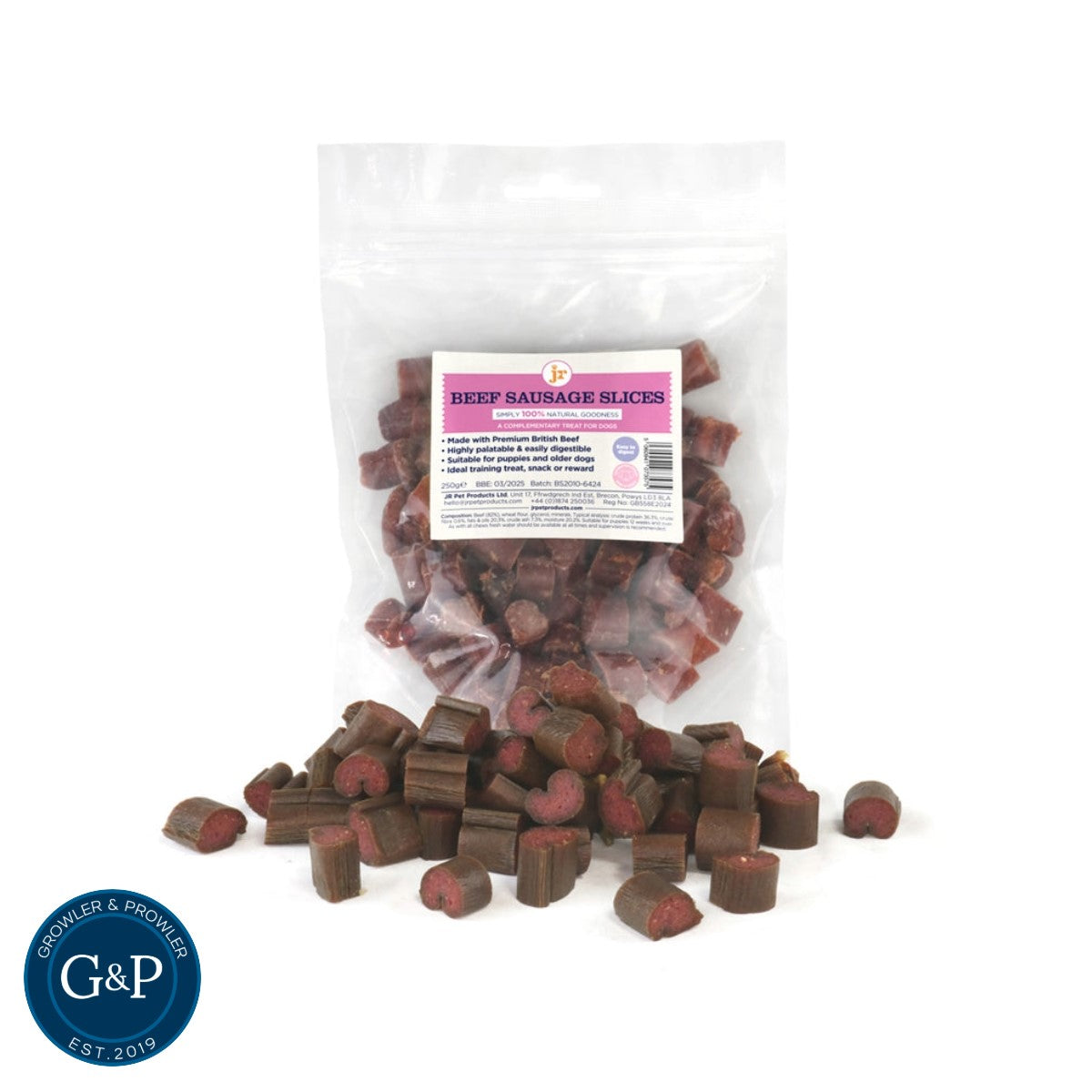 Premium British Beef Sausage slices dog treat, great for dog training and dog walks, available in Manchester at Growler and Prowler Pets.