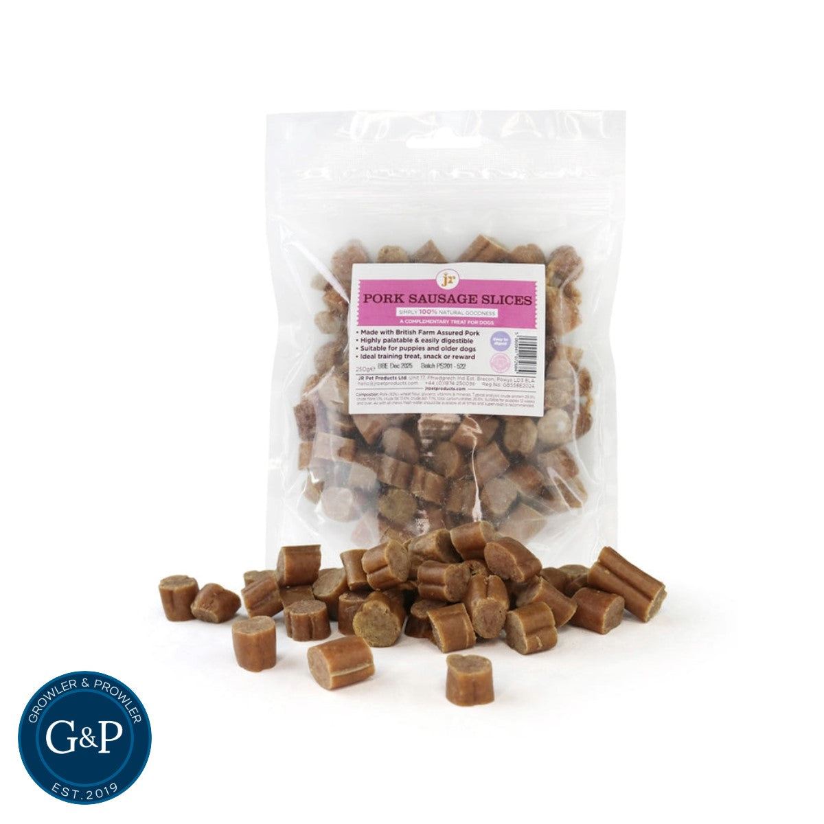 Premium pork sausage slices for dogs as a perfect treat for dog training or walks. Available in Manchester at Growler and Prowler Pets.