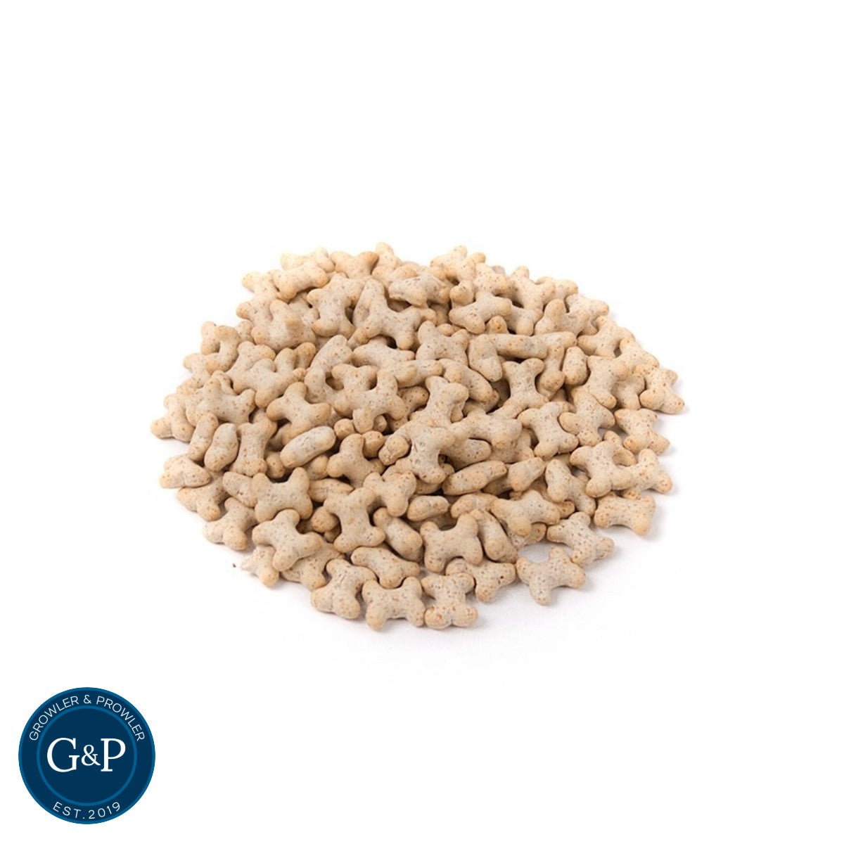 Small Milky Bones dog treats from Growler and Prowler, a natural dog treats company based in Manchester. The treats are shaped like small bones, featuring a creamy, light-coloured surface that looks soft and crunchy, appealing to dogs of all sizes.