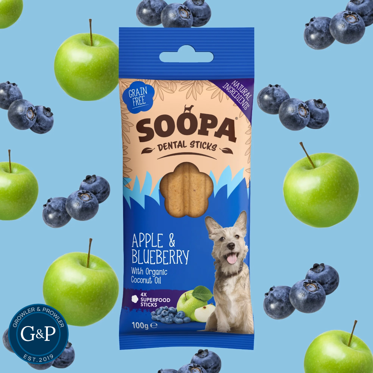 Soopa Apple & Blueberry Dental Sticks dog treats from Growler & Prowler, a Manchester-based dog treat company. Made with natural apples, blueberries, and organic coconut oil. Grain-free and 4x superfood sticks.
