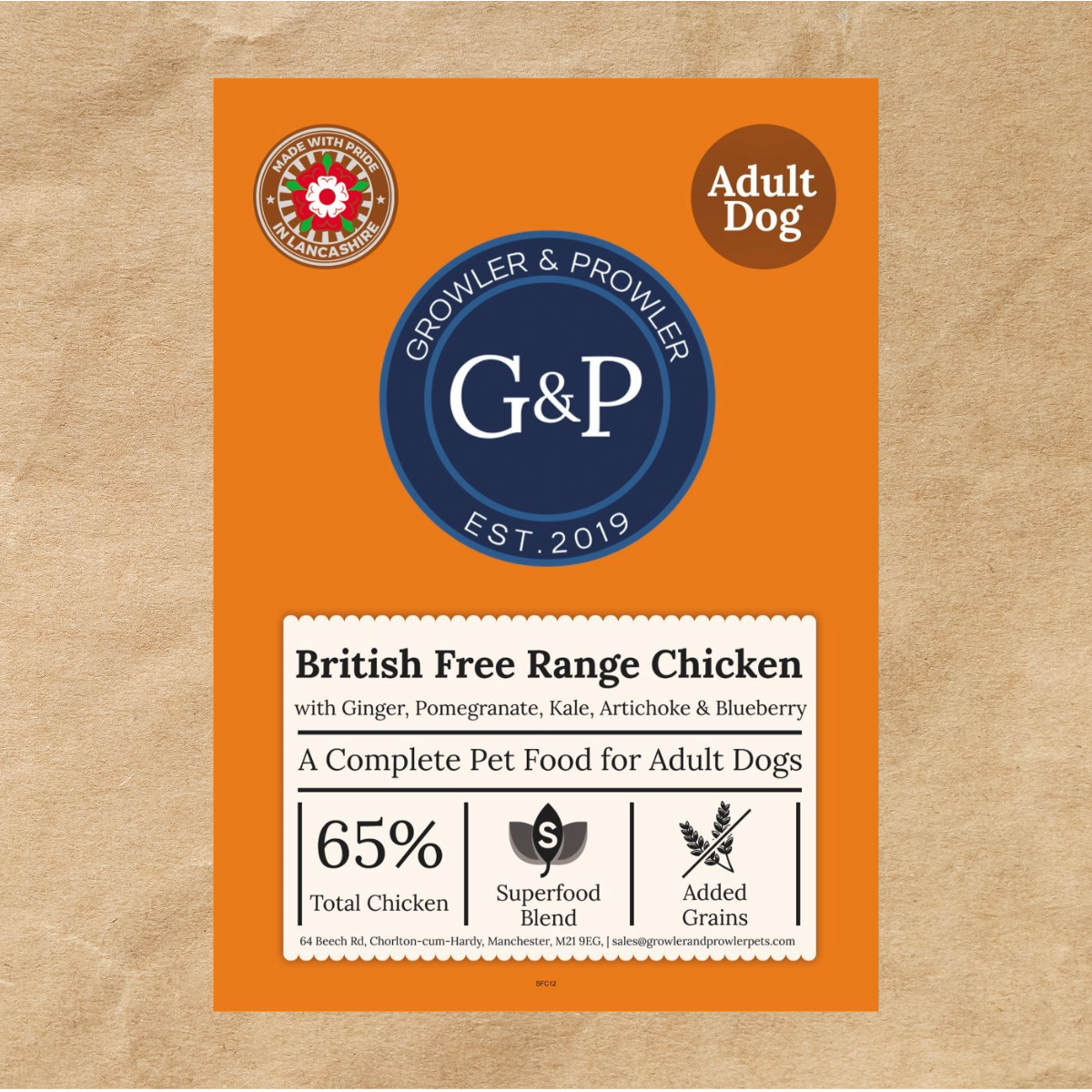 A brown paper bag of Growler & Prowler British Free Range Chicken dog food. The bag features information about the product, including the ingredients and nutritional content.