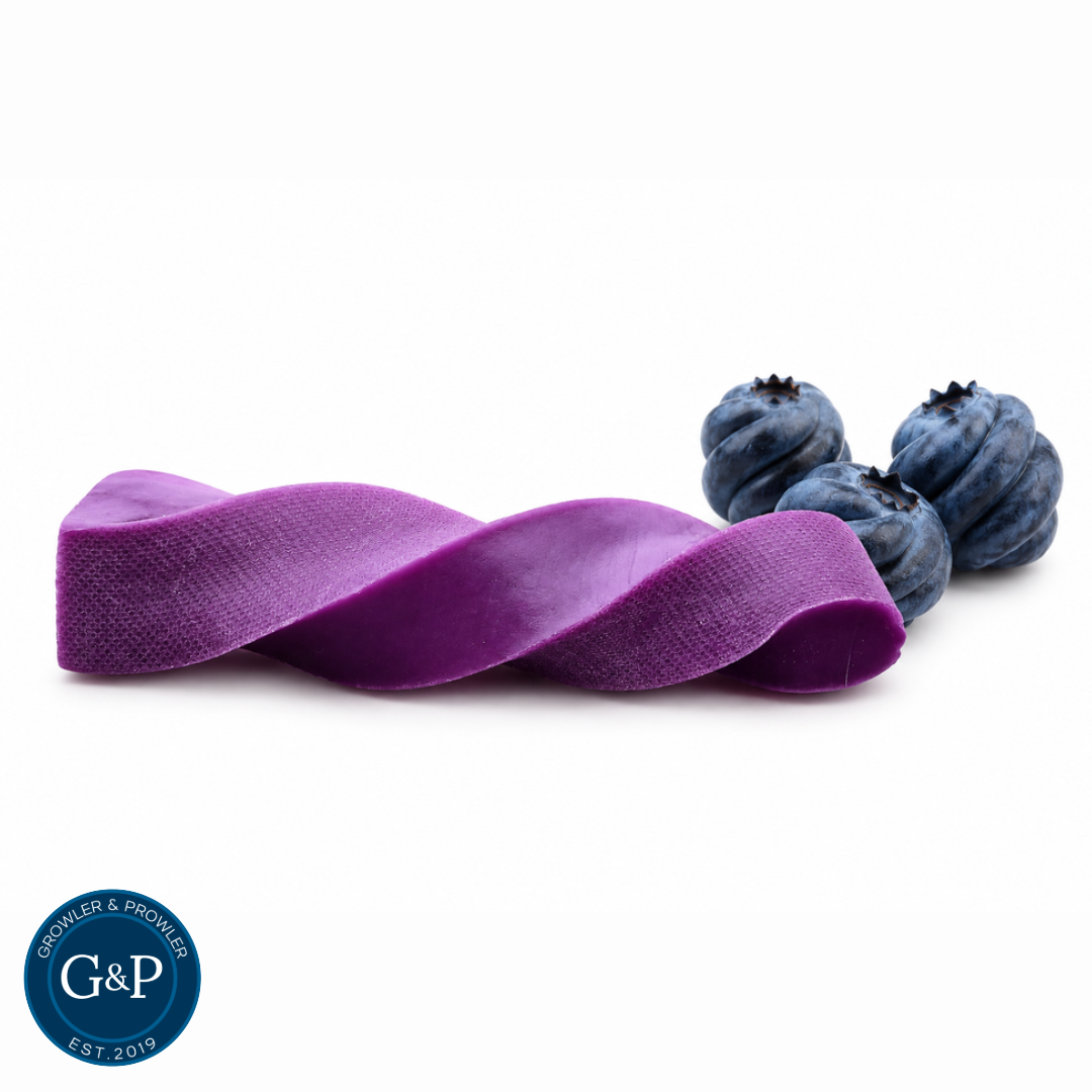 Tatty Yak Blueberry Twisted Yak Chew Dog Chew.  A great long lasting  natural dog chew in Blueberry flavour, in a a new twisted robust shape. Available in Manchester at Growler & Prowler Pets.