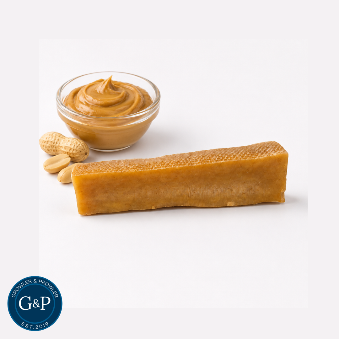 Tatty Yak Peanut Butter Yak dog chew that is a great natural long lasting chew. Available in Manchester at Growler and Prowler pets