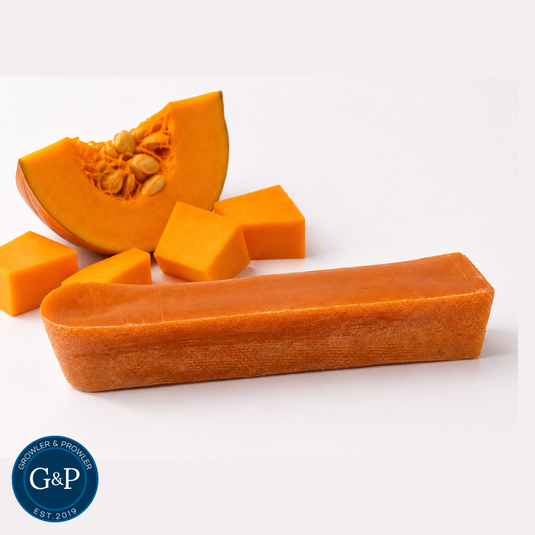 Tatty Yak Pumpkin Yak Dog Chew. A great natural long lasting chew in Pumpkin flavour. Available in Manchester at Growler and Prowler Pets.