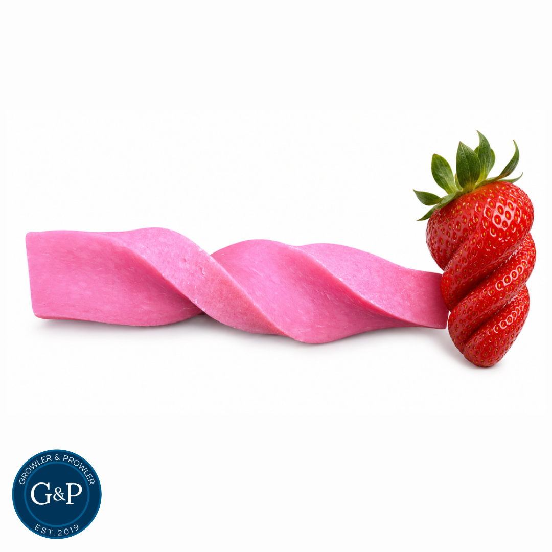 Tatty Yak Strawberry Twisted Yak Dog Chew. A great natural long lasting yak dog chew in strawberry flavour in a robust twisted shape. Available in Manchester at Growler & Prowler Pets.