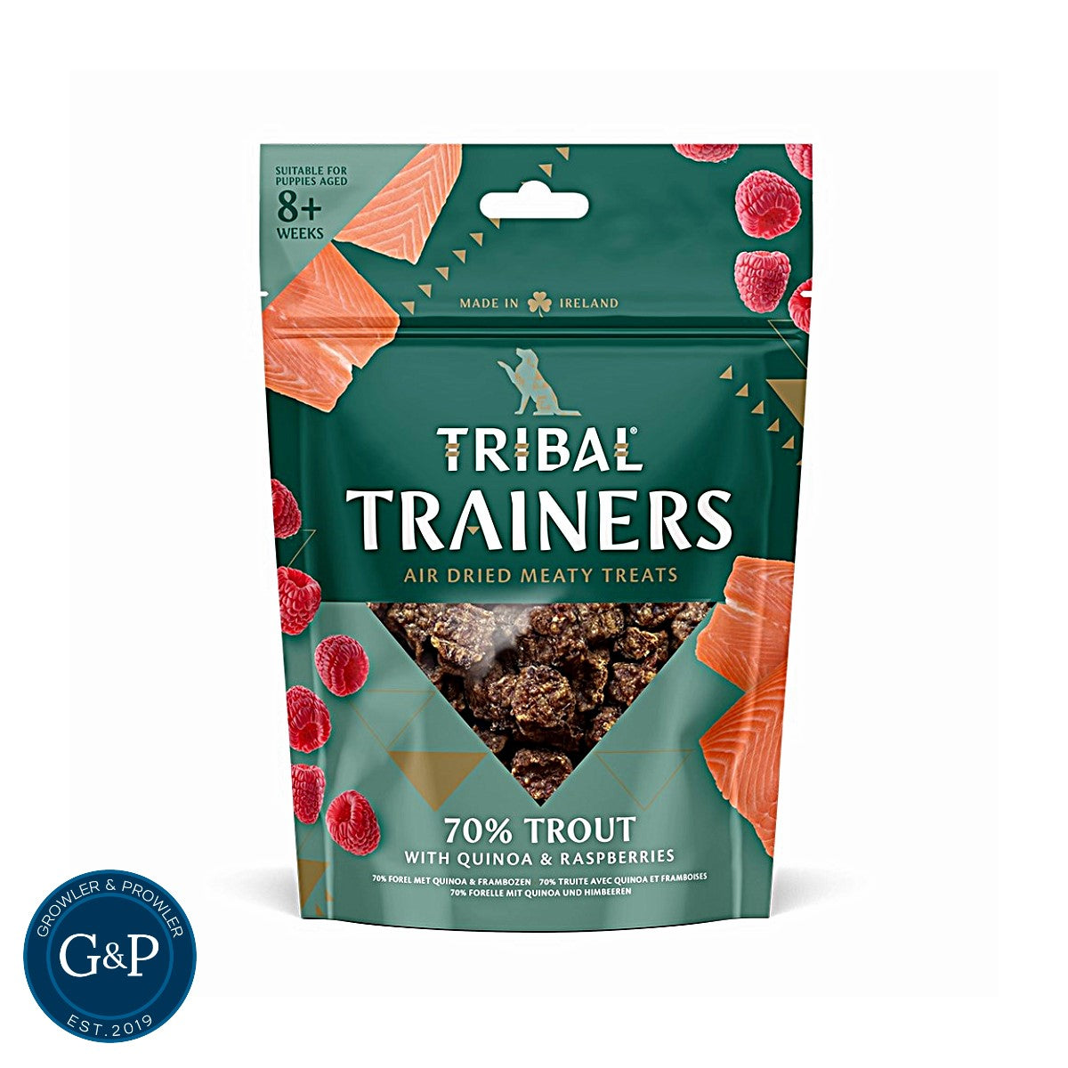 Tribal Trainers Trout & Raspberry Dog Treats: Air-dried, meaty treats suitable for puppies 8+ weeks old. Made with 70% trout, quinoa, and raspberry.