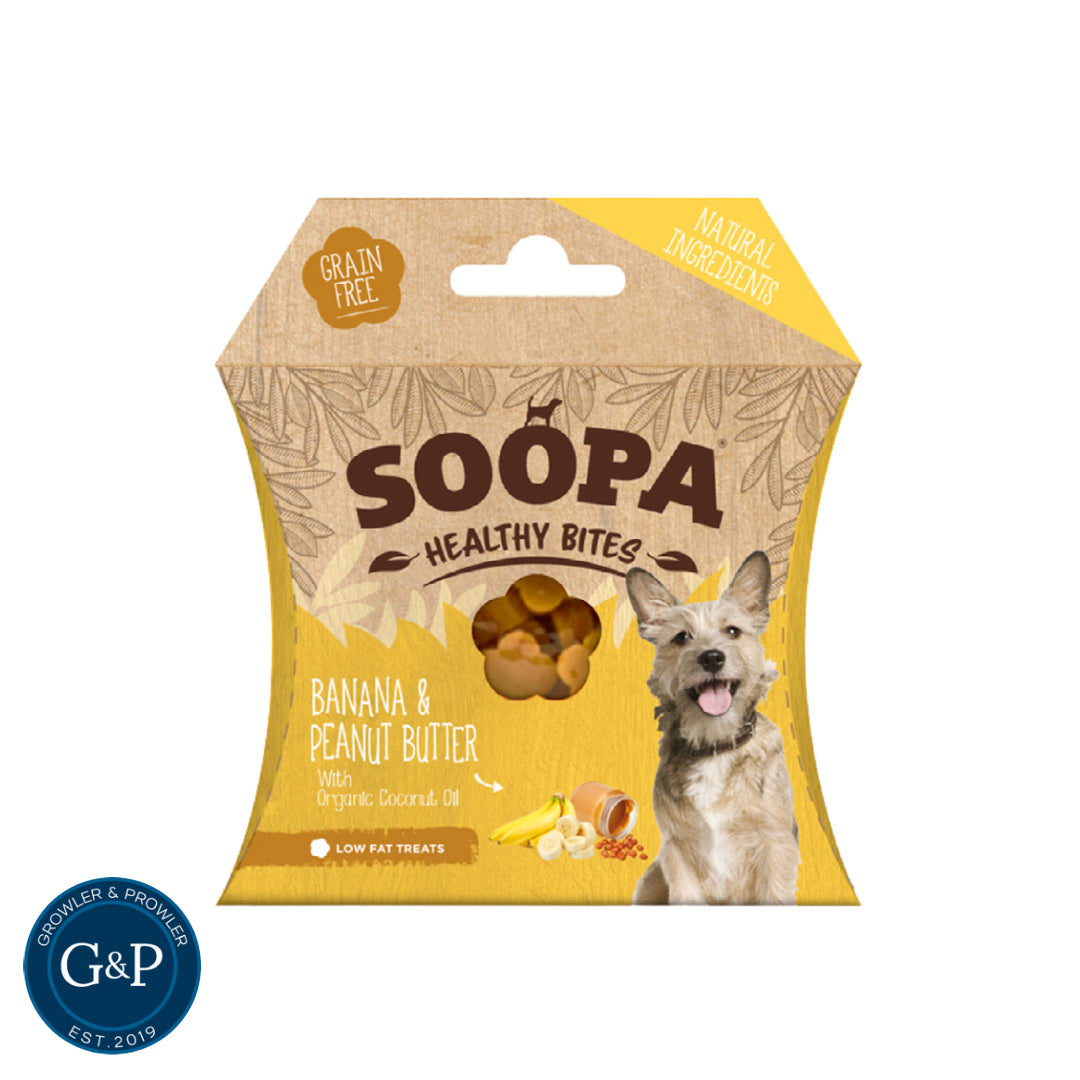A bag of Soopa Banana & Peanut Butter Healthy Bites dog treats, featuring a happy puppy on the front. Made with natural ingredients and perfect for healthy snacking