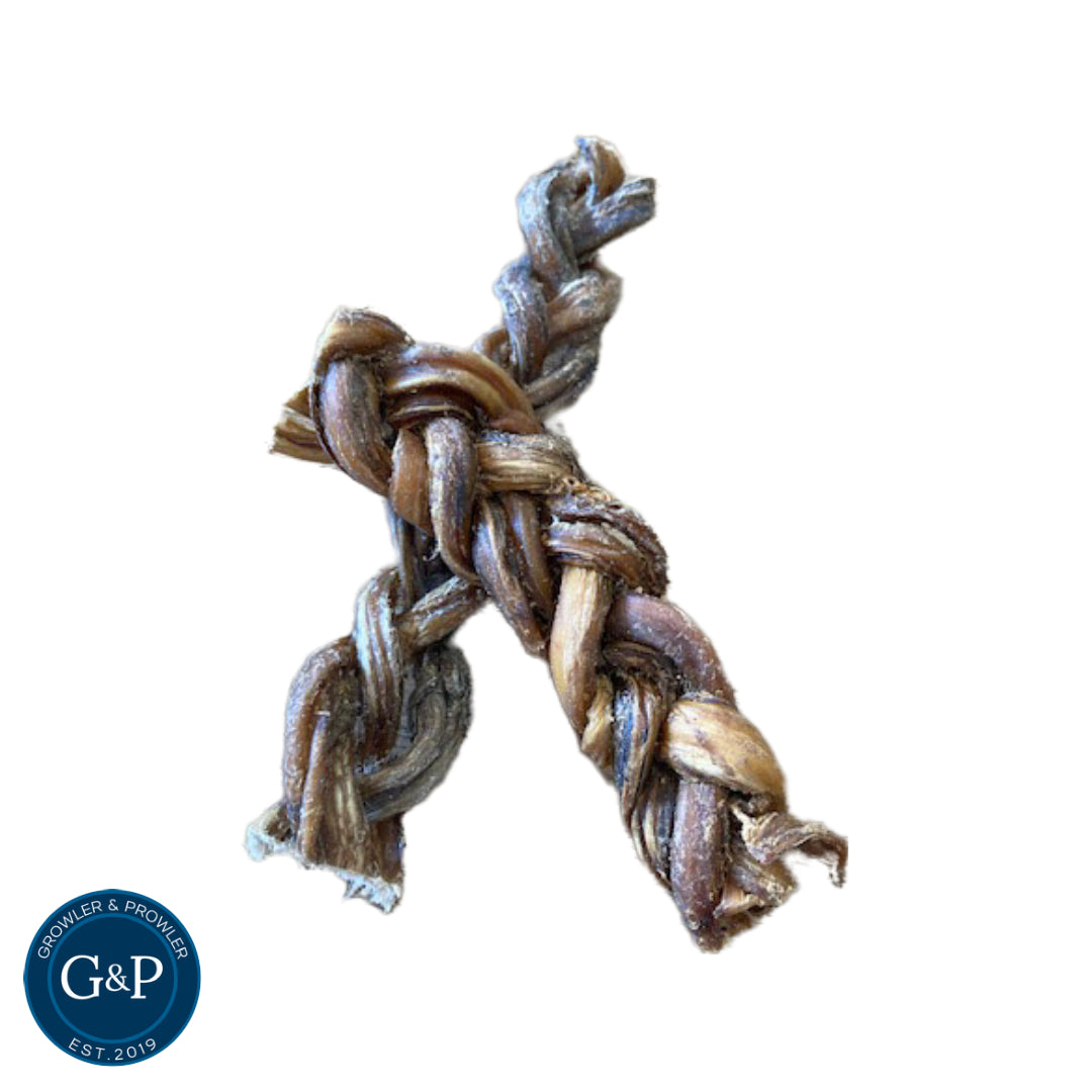Braided buffalo pizzle, a natural and healthy dog chew from Growler and Prowler.
