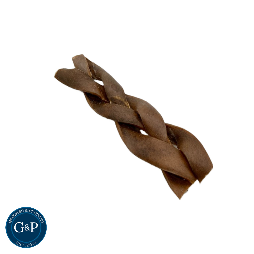 A delicious and durable camel jerky braid dog chew from Growler & Prowler, a British dog treat company. This braided treat is perfect for keeping your furry friend entertained and satisfied.