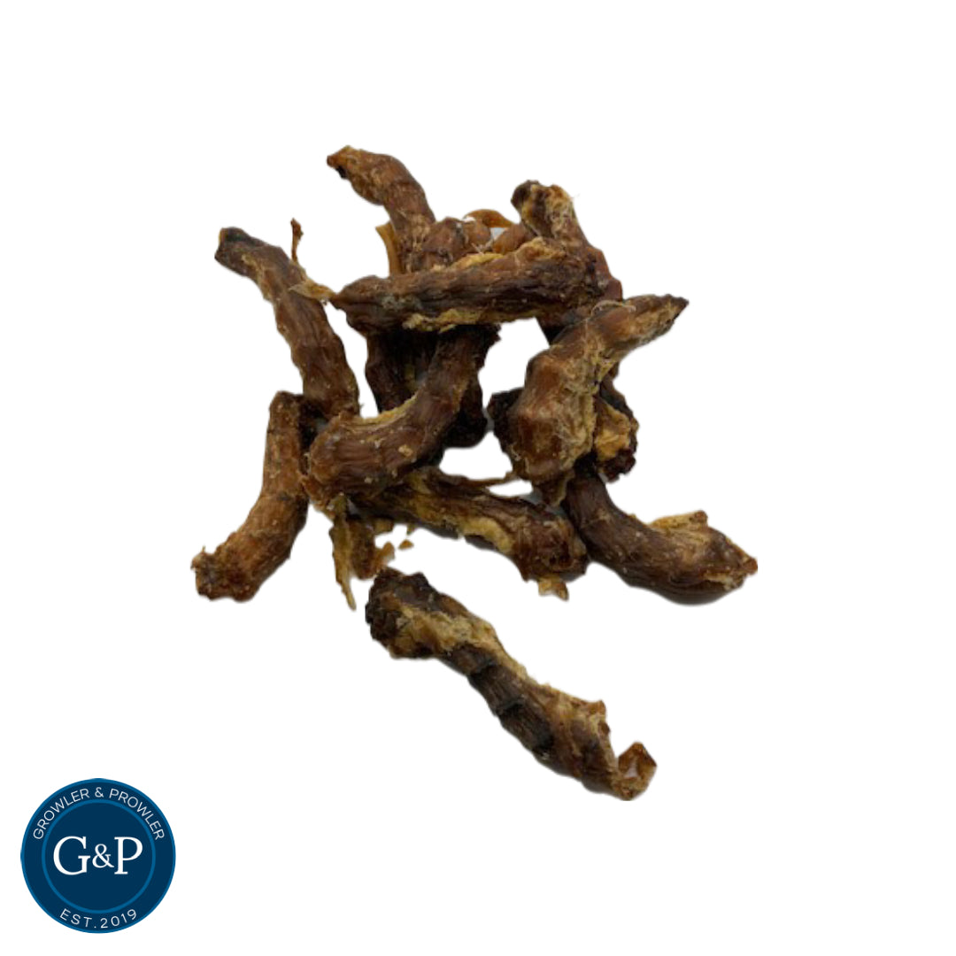 Crunchy and tasty chicken neck treats for dogs, perfect for chewing and dental health.