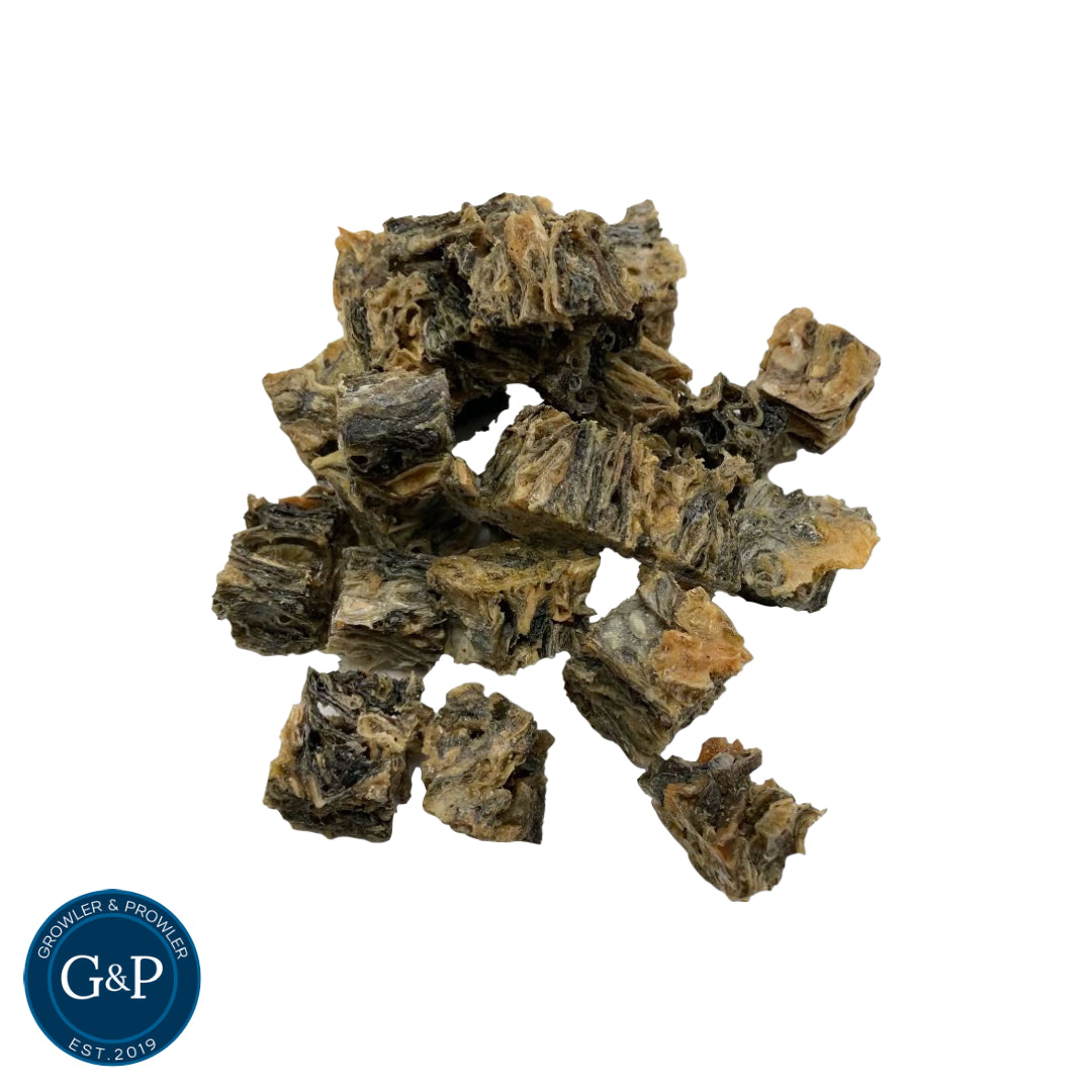 Cod Crunch Cubes from Growler & Prowler, a natural dog treat company based in Manchester. These crunchy, flavourful treats are made with 100% cod and are perfect for rewarding your dog.