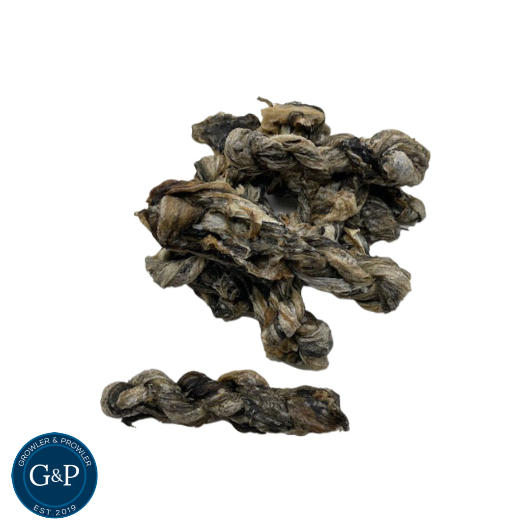 Natural dog chews made from braided cod skin. These tough, durable chews are perfect for dogs who love to chew.