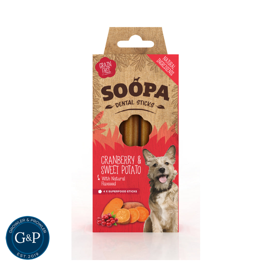 A bag of Soopa Cranberry & Sweet Potato Dental Sticks dog treats, featuring a happy puppy on the front. Made with natural ingredients and perfect for dental hygiene.