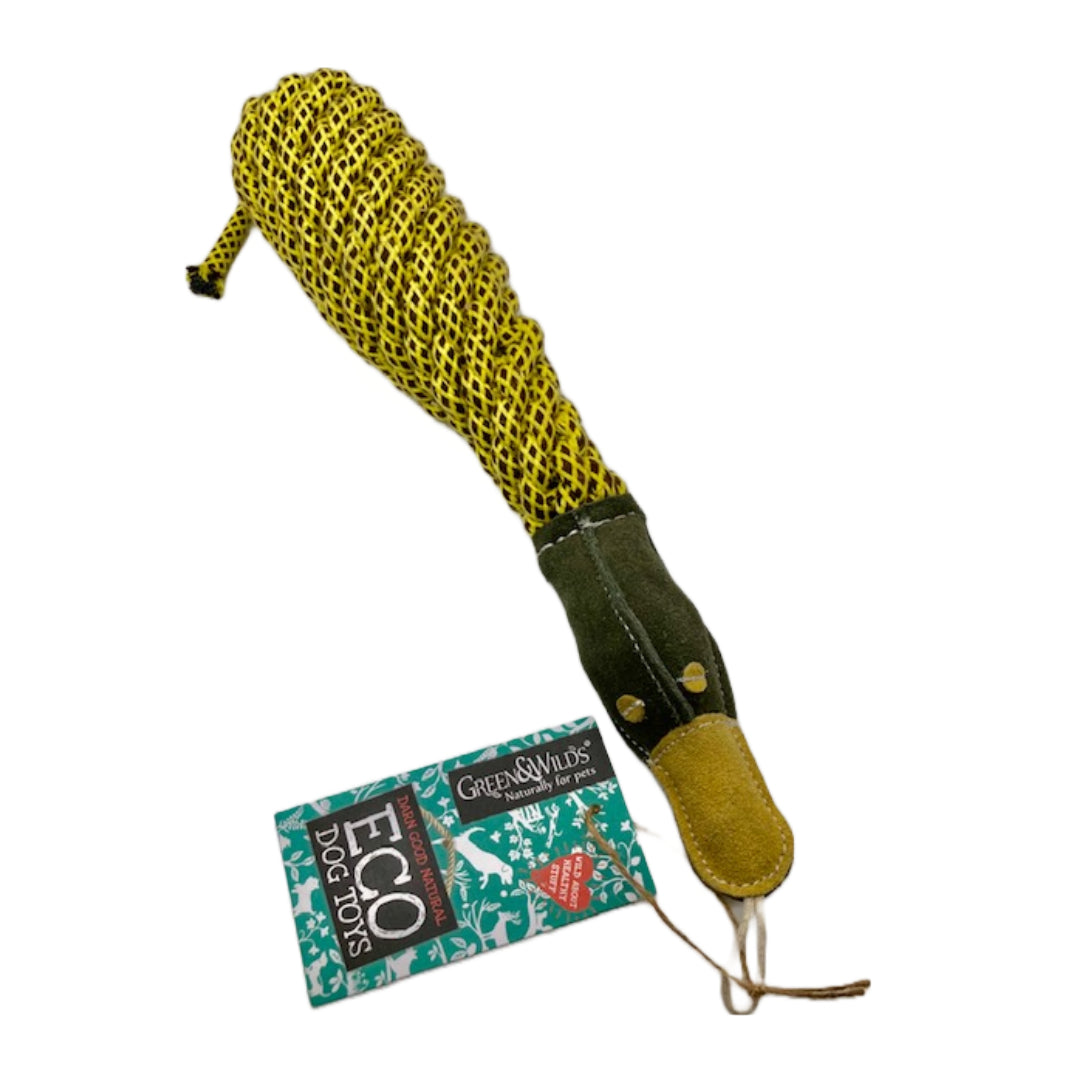 A yellow and green, duck-shaped dog toy made from eco-friendly materials. The toy has a rope body and a leather head and tail, with a tag that says 'GREEN&WILD's ECO DOG TOYS'.