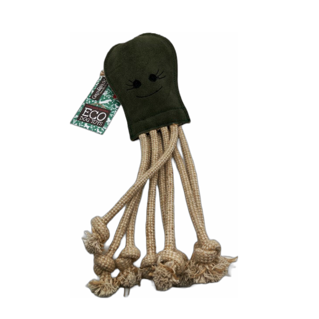 A green, octopus-shaped dog toy made from eco-friendly materials. The toy has eight rope tentacles and a tag that says 'GREEN&WILD's ECO DOG TOYS'.