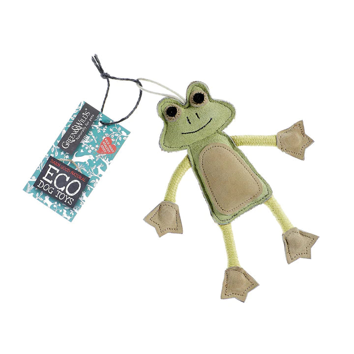 A green, frog-shaped dog toy made from eco-friendly materials. The toy has a tag that says 'GREEN&WILD's ECO DOG TOYS'.