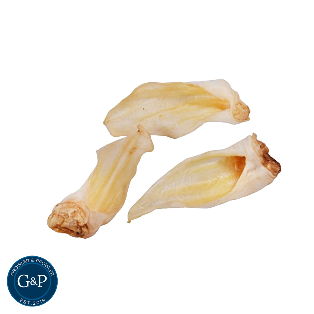 Natural uncut goat ears from Growler and Prowler, a healthy and long-lasting dog chew.