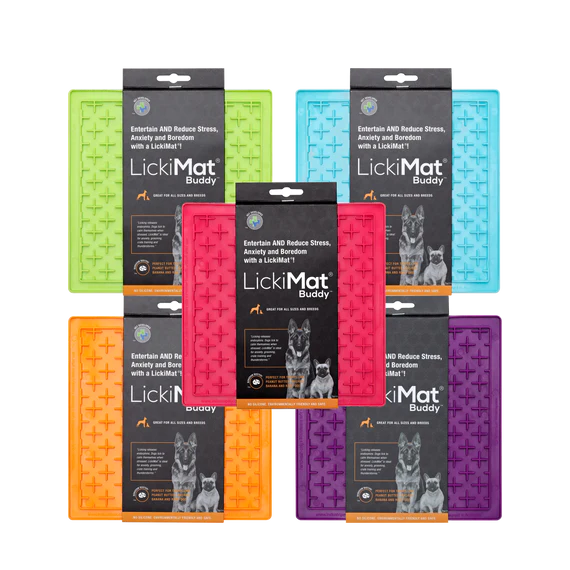 LickiMat Buddy has unique bumps created to encourage licking. This provides your dog with mental stimulation, is calming and can ease anxiety.  A fantastic alternative to a slow feeder.