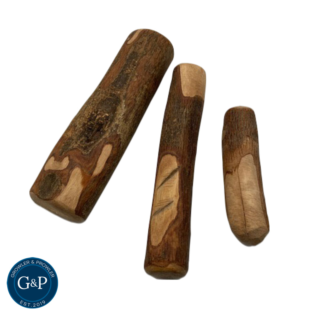 Healthy and durable olive wood chews for dogs, made by Growler & Prowler.