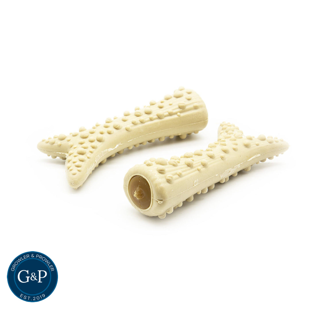 Peanut Butter Filled Veggie Antlers dog chew from Growler & Prowler, a Manchester-based dog treat company. Made with natural vegetables and filled with peanut butter.