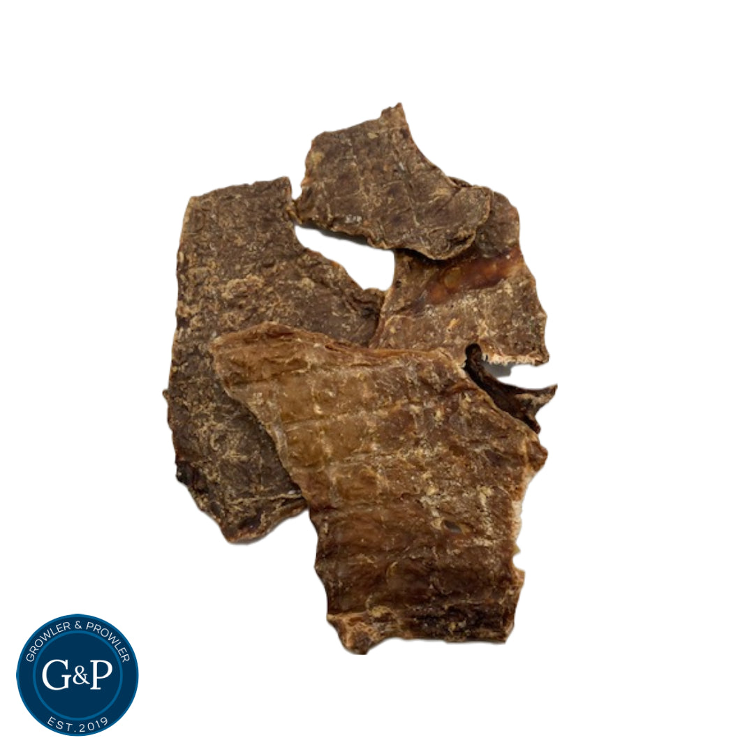 A delicious and nutritious roast beef biltong treat from Growler & Prowler, perfect for rewarding your furry friend.