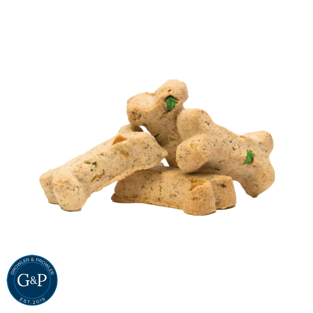 Growler and Prowler’s Scrumptious Sunday Roast Dog Biscuits, made with natural ingredients, showcasing a wholesome treat for dogs. The Manchester-based brand focuses on healthy, tasty snacks for pets.