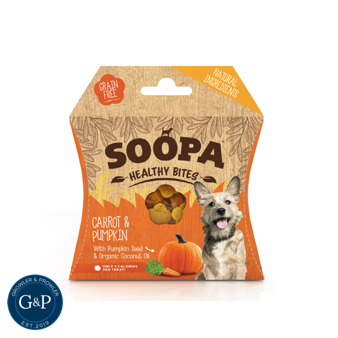 A bag of Soopa Carrot & Pumpkin Healthy Bites dog treats, featuring a happy puppy on the front. Made with natural ingredients and perfect for healthy snacking. Low-calorie and grain-free.