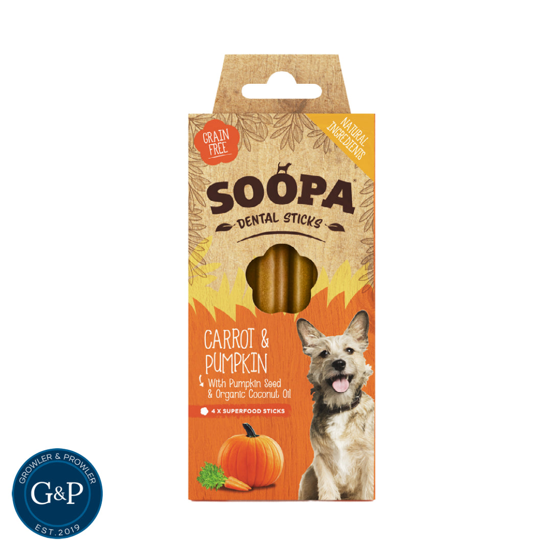 A bag of Soopa Carrot & Pumpkin Dental Sticks dog treats, featuring a happy puppy on the front. Made with natural ingredients and perfect for dental hygiene.