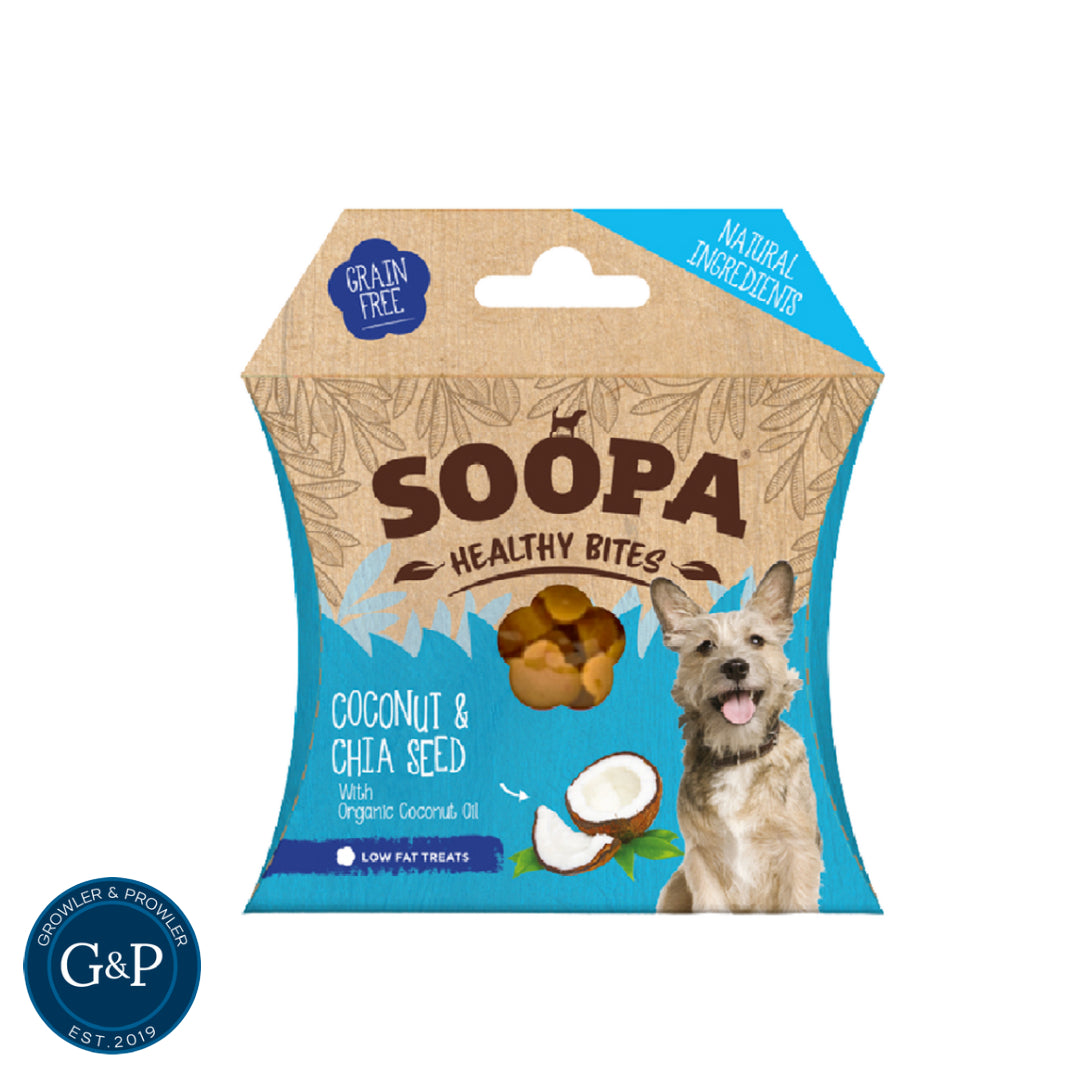 Soopa Coconut & Chia Seed Healthy Bites dog treats from Growler & Prowler, a Manchester-based dog treat company. Made with natural coconut, chia seed, and organic coconut oil. Grain-free and low-fat treats.