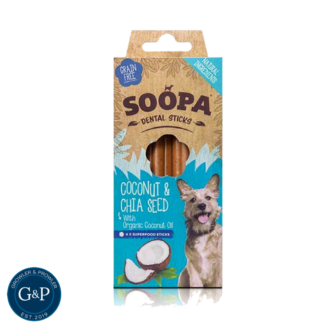 Healthy and delicious dog treats for all breeds! Soopa Coconut & Chia Seed Dental Sticks from Growler & Prowler are grain-free, low-calorie, and made with natural ingredients. They're also designed to help clean teeth.