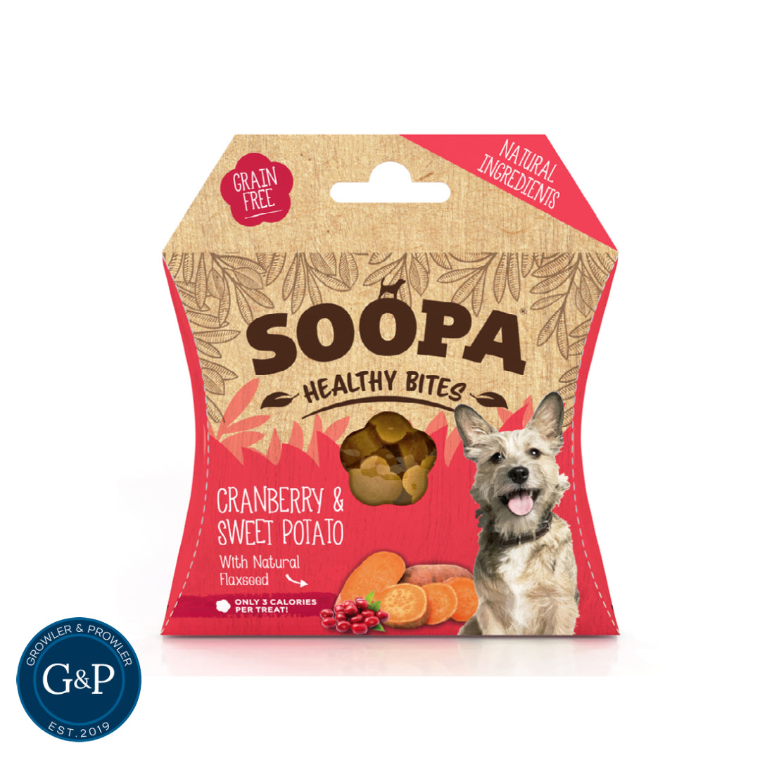 Soopa Cranberry & Sweet Potato Healthy Bites dog treats from Growler & Prowler, a Manchester-based dog treat company. Made with natural cranberries, sweet potato, and organic coconut oil. Grain-free and low-fat treats.
