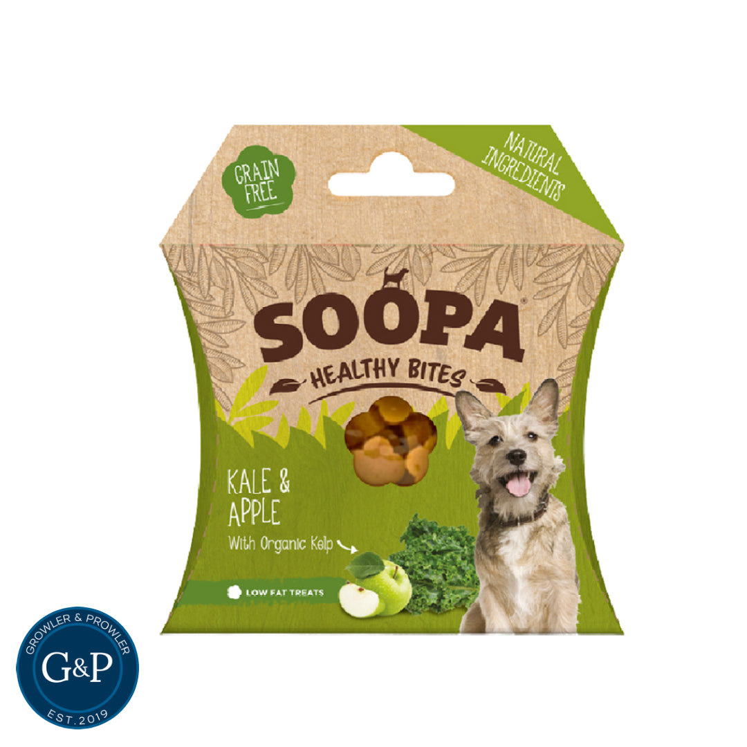 Soopa Kale & Apple Healthy Bites dog treats from Growler & Prowler, a Manchester-based dog treat company. Made with natural kale, apple, and organic kelp. Grain-free and low-fat treats.