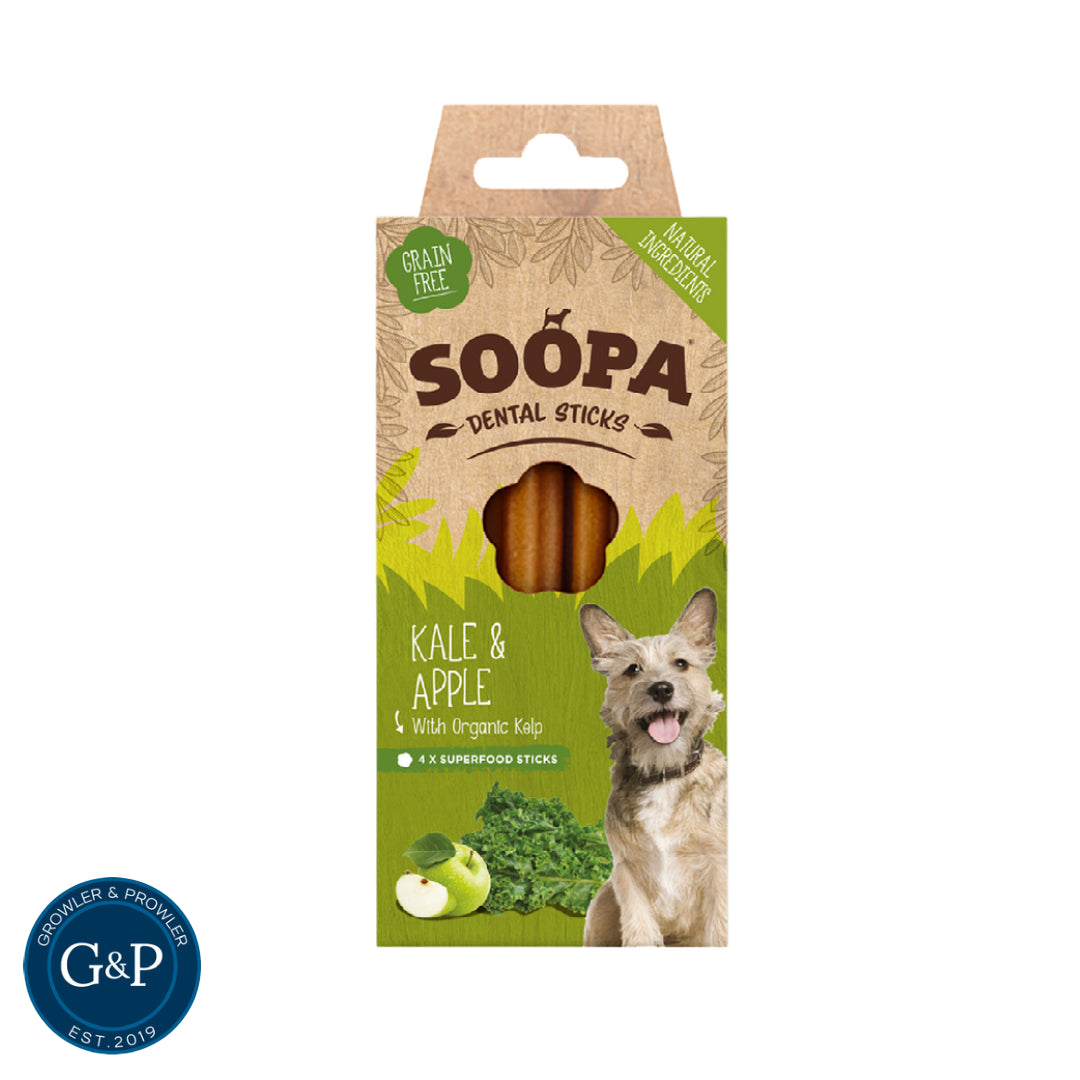 Healthy and delicious dog treats for all breeds! Soopa Kale & Apple Dental Sticks from Growler & Prowler are grain-free, low-calorie, and made with natural ingredients. They're also designed to help clean teeth.