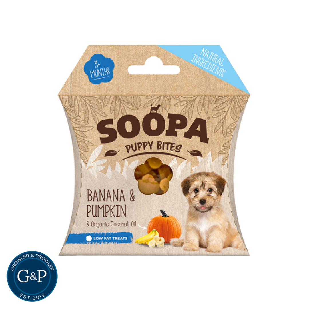 A bag of Soopa Puppy Bites dog treats, featuring a happy puppy on the front. Made with natural banana, pumpkin, and organic coconut oil. A low-fat option for puppies over 3 months old.